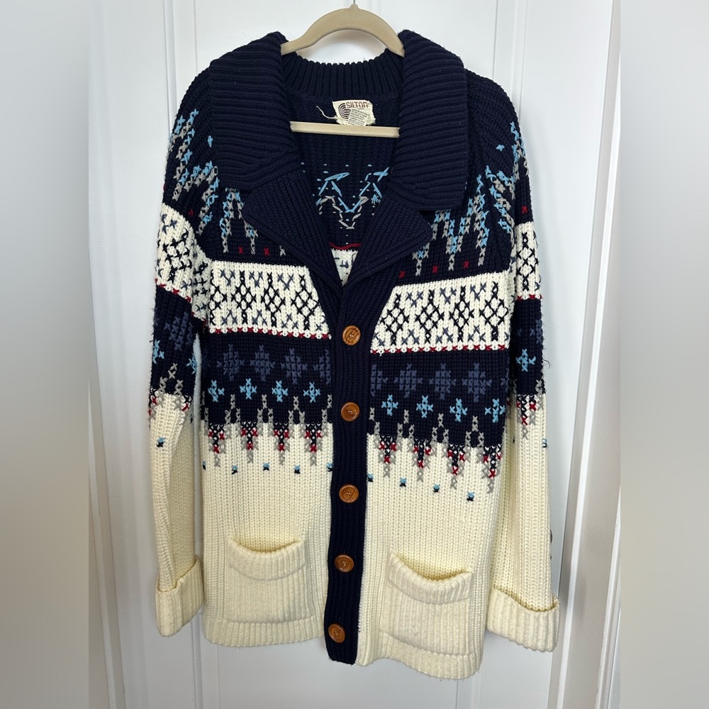 Vintage Pattern Cardigan Ski Sweater Hand Knit Silton California Sz Large Wood